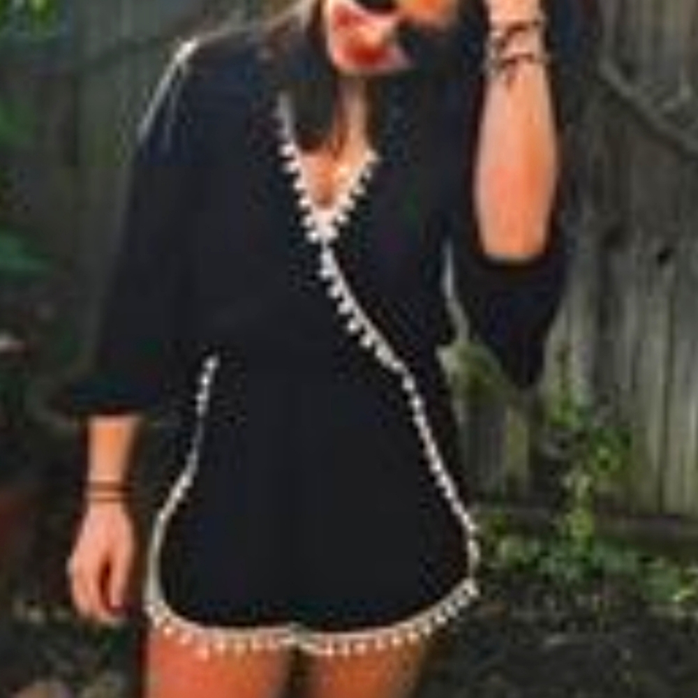 - Design Lab black romper with cream pom trim